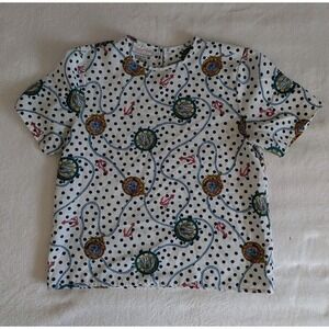 VTG Nautical Print Short Sleeve Blouse Women's Sz Med Novelty Coastal Polka Dot